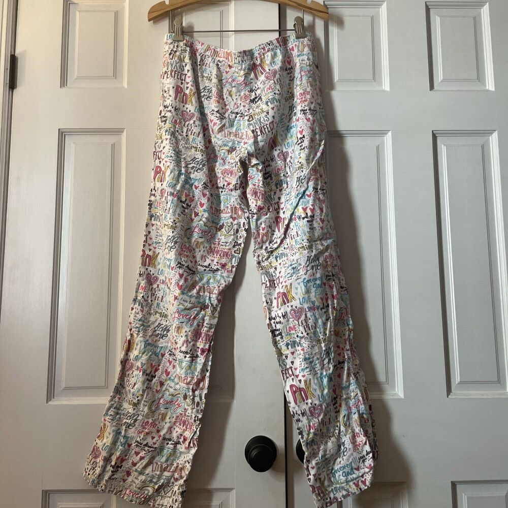 VTG Victoria's Secret PINK Doodle Graffiti Pajama Pants Lounge Y2K White Pink M - Picture 6 of 6